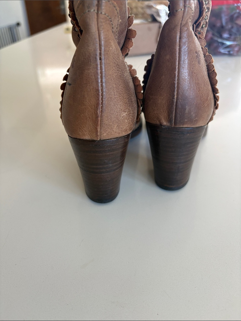 Frye Cognac Brown Scallop Studded Trim Leather Knee High Boots - Picture 16 of 17